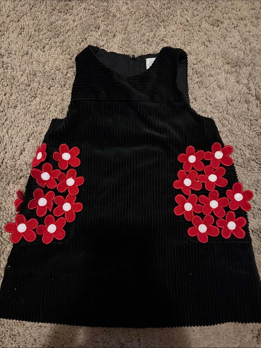 Florence Eiseman Black Corduroy Kids Dress with Red Floral Appliqué